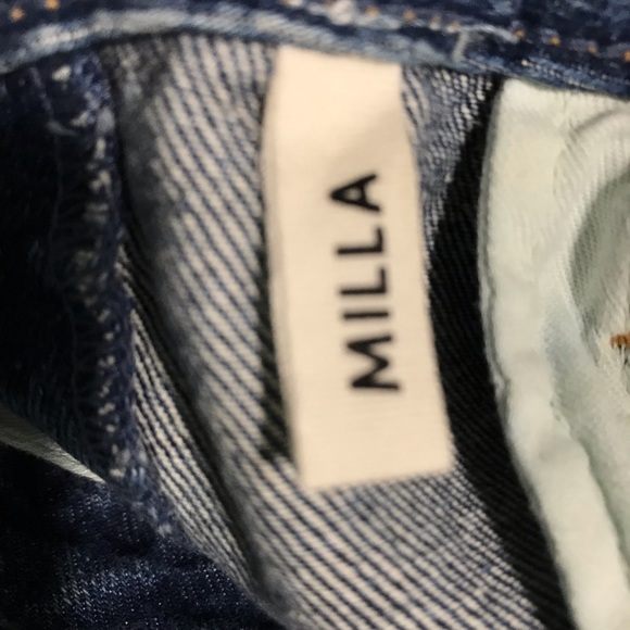 GRLFRND Denim Mini Jean Skirt Distressed Frayed Hem Offset Front Hem Size 26 - Picture 3 of 6